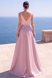 Pink A-Line Pearls Ruched Long Formal Dress with Slit