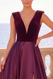 Burgundy V-Neck A-Line Velvet Backless Long Formal Dress with Slit
