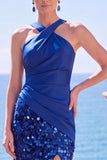 Black Halter Crossed Straps Sequins Mermaid Long Formal Dress with Slit
