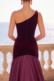 Burgundy One Shoulder Mermaid Velvet Ruched Maxi Dress