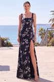 Blue Sheath Floral Jacquard Square Neck Long Formal Dress with Slit