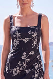 Blue Sheath Floral Jacquard Square Neck Long Formal Dress with Slit