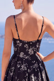 Blue A-Line Floral Jacquard Long Formal Dress with Slit