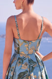 Blue A-Line Floral Jacquard Long Formal Dress with Slit