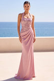 Blush Halter Neck Sequins Embroidery Ruched Beaded Mermaid Long Formal Dress