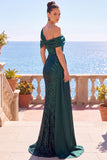 Sparkly Dark Green Asymmetrical Off the Shoulder Sequins Ruched Mermaid Long Formal Dress with Sash
