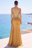 Golden Satin Long Sleeves Sequins Ruched Mermaid Long Formal Dress with Sash