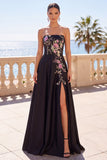 Black Floral Embroidery A-Line Strapless Long Formal Dress with Side Slit