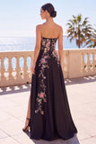 Black Floral Embroidery A-Line Strapless Long Formal Dress with Side Slit