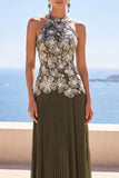 Olive Pleated Halter Neck Sheath Long Formal Dress with 3D Floral Appliques