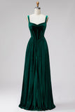 Dark Green Velvet Corset Pleated A-Line Long Formal Dress