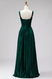 Dark Green Velvet Corset Pleated A-Line Long Formal Dress