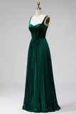 Dark Green Velvet Corset Pleated A-Line Long Formal Dress
