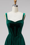 Dark Green Velvet Corset Pleated A-Line Long Formal Dress