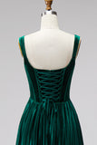 Dark Green Velvet Corset Pleated A-Line Long Formal Dress