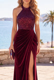 Burgundy Velvet Sequins Halter Neck Ruched Sheath Long Formal Dress with Slit
