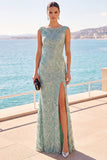 Grey Green Bateau Neck Sequins Beaded Sheath Long Formal Dress with Slit