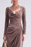 Dark Green Bodycon Velvet V-Neck Long Sleeves Mother of the Bride Dress with Slit