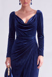 Dark Green Bodycon Velvet V-Neck Long Sleeves Mother of the Bride Dress with Slit