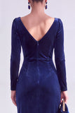 Dark Green Bodycon Velvet V-Neck Long Sleeves Mother of the Bride Dress with Slit