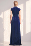 Dark Blue Velvet A-Line V-Neck Ruched Long Mother Of The Bride Dress