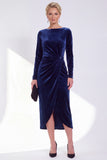 Navy Sheath Velvet Ruched Mother Of The Bride Dress