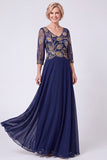 Navy Beaded A-Line V-Neck Long Mother Of The Bride Dress with Half Sleeves