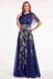 Navy Beaded Cape Sleeves A-Line Long Mother Of The Bride Dress