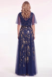 Navy Beaded Cape Sleeves A-Line Long Mother Of The Bride Dress