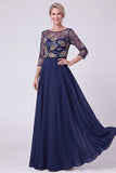 Navy A-Line Illusion Bateau Neck Beaded Long Mother Of The Bride Dress