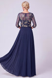 Navy A-Line Illusion Bateau Neck Beaded Long Mother Of The Bride Dress