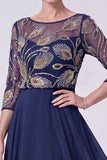 Navy A-Line Illusion Bateau Neck Beaded Long Mother Of The Bride Dress