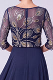 Navy A-Line Illusion Bateau Neck Beaded Long Mother Of The Bride Dress