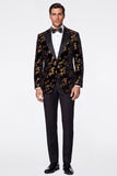 Black Golden 2 Piece Peak Lapel Jacquard Single Breasted Men's Prom Suits