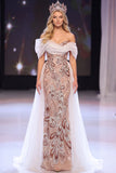 Blush Sheath Asymmetrical Off the Shoulder Sequins Appliques Maxi Pageant Dress