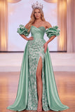 Green Sheath Off the Shoulder Puff Sleeves Ruched Maxi Pageant Dress with Side Slit