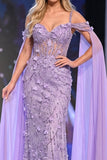 Lilac Sheath Cold Shoulder 3D Appliqued Sequins Sheer Long Pageant Dress with Cape