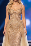 Golden Corset Sheath Sweetheart Sequins Maxi Pageant Dress