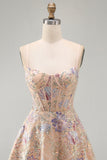 Apricot A-Line Sequin Corset Floral Embroidery Short Homecoming Dress