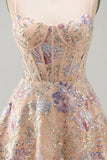 Apricot A-Line Sequin Corset Floral Embroidery Short Homecoming Dress