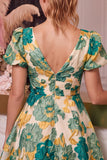 Floral Pink A-Line V-Neck Printed Short Homecoming Dress with Short Sleeves