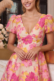 Floral Pink A-Line V-Neck Printed Short Homecoming Dress with Short Sleeves