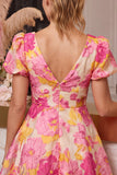 Floral Pink A-Line V-Neck Printed Short Homecoming Dress with Short Sleeves