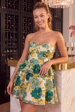 Green Floral Strapless A-Line Tiered Short Homecoming Dress with Ruffles