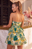 Green Floral Strapless A-Line Tiered Short Homecoming Dress with Ruffles