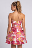 Pink Floral Corset A-Line Strapless Mini Homecoming Dress with Slit