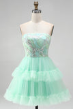 Mint Green Tiered Ruffle Tulle Sequins Strapless Short Homecoming Dress