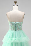Mint Green Tiered Ruffle Tulle Sequins Strapless Short Homecoming Dress
