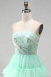 Mint Green Tiered Ruffle Tulle Sequins Strapless Short Homecoming Dress