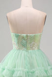Mint Green Tiered Ruffle Tulle Sequins Strapless Short Homecoming Dress